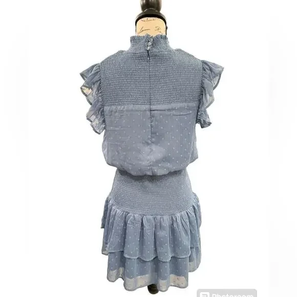 Aqua Ruffle Dress Smocked Short Sleeve Blue Swiss Dot Womens size Large - Picture 4 of 15